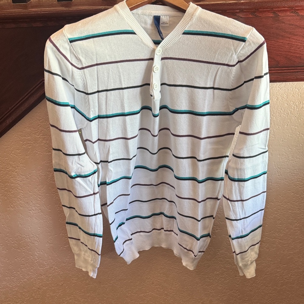 Divided Men's Size Small Striped Sweater - White with Multicolor Stripes Preppy